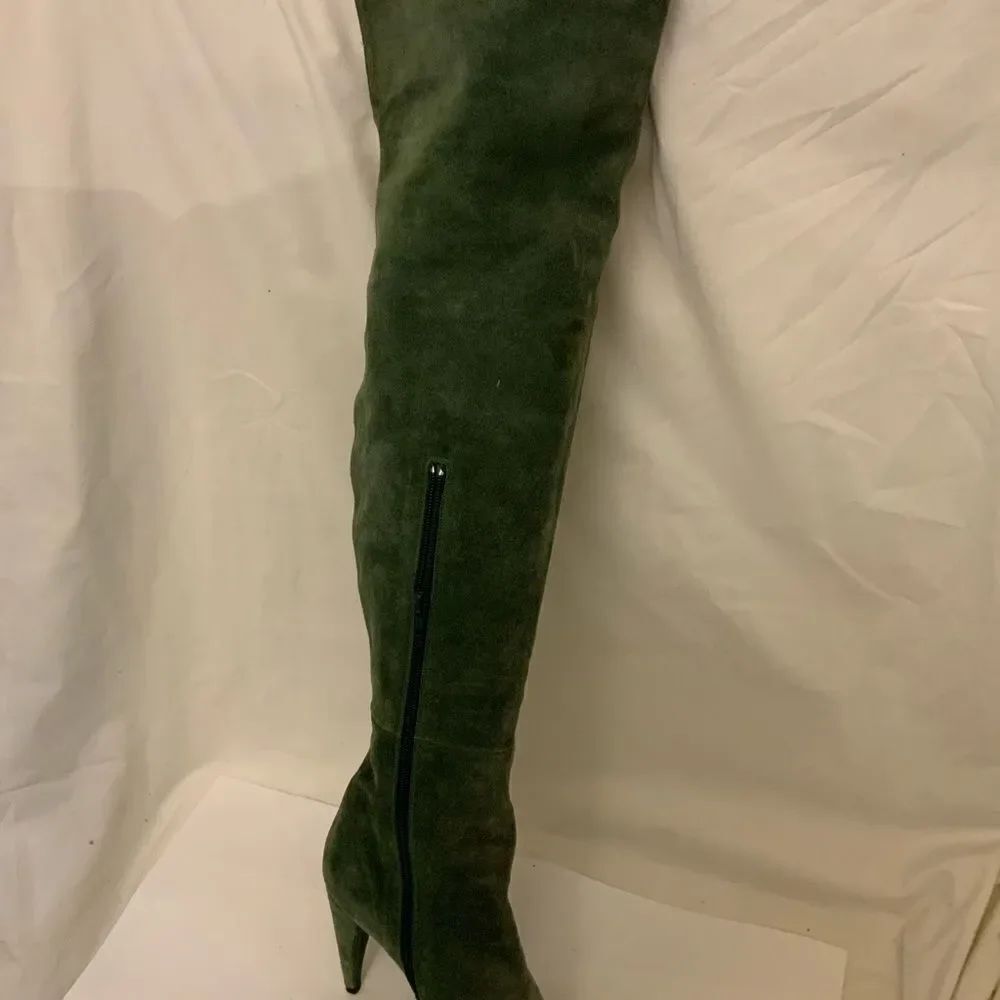 Chloe Tall Leather Boots Size 35.5 High Heel Over The Knee Zip Green suede